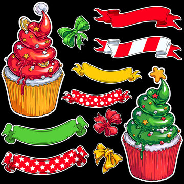 Big set of Santa hat and Christmas tree desserts with ribbons and bows on black background. Colorful vector illustrations for your Christmas, New Year, food fests and other party designs.
