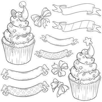 Big set of Santa hat and Christmas tree desserts with ribbons and bows. Line art vector illustrations for your Christmas, New Year, food fests and other party designs.