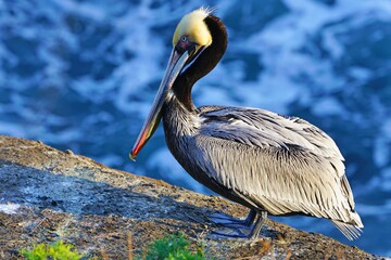 Wild pelican birds by the water in the La Jolla Cove near San Diego, California