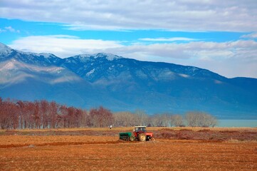 Fototapeta premium Landscape around Kerkini, a lake reserve located in Northern Greece, about 20km from Greek-Bulgarian border. The lake hosts an essential hydro-biosphere for thousands of rare birds.