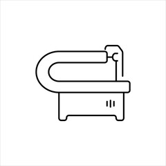A simple vector linear icon that points to a construction tool. Stationary jigsaw machine for wood and metal processing