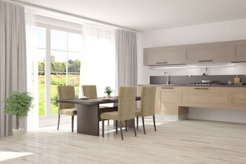 Fototapeta na wymiar White stylish minimalist kitchen. Scandinavian interior design. 3D illustration
