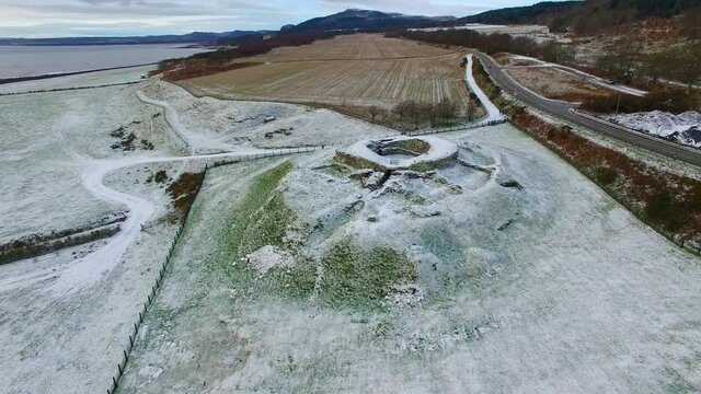 Aerial view of Iron Age Cairn Laith Broch on the coast of the Moray Firth in Sutherland Scotland UK