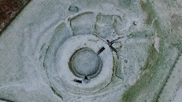 Aerial view of Iron Age Cairn Laith Broch on the coast of the Moray Firth in Sutherland Scotland UK