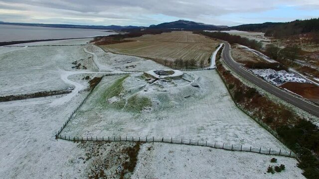 Aerial view of Iron Age Cairn Laith Broch on the coast of the Moray Firth in Sutherland Scotland UK