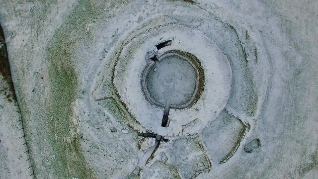 Aerial view of Iron Age Cairn Laith Broch on the coast of the Moray Firth in Sutherland Scotland UK