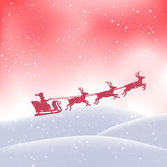 Obraz na płótnie Canvas Santa flies from snowdrift in Christmas pink sky
