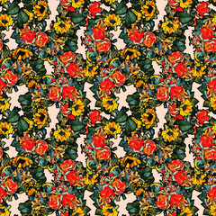Naklejka premium Sunflowers and roses seamless pattern.