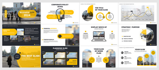 Abstract white, yellow, slides. Brochure cover design. Fancy info banner frame. Creative set of infographic elements. Urban. Title sheet model set. Modern vector. Presentation templates, corporate. - obrazy, fototapety, plakaty