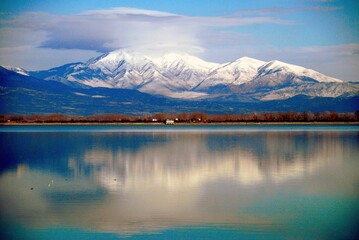View of Kerkini lake, an artificial reservoir located in Northern Greece, about 20km from Greek-Bulgarian border. The lake hosts an essential hydro-biosphere for thousands of rare birds.