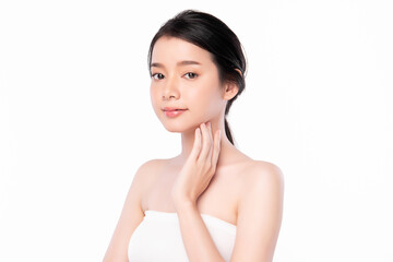 Beautiful Young asian Woman with Clean Fresh Skin, on Pink background, Face care, Facial treatment. Cosmetology, beauty and spa. Asian women portrait