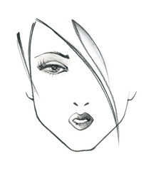 Different shape of the woman's face, eyes and lips. Fashion illustration of a slate pencil. Isolated on white background