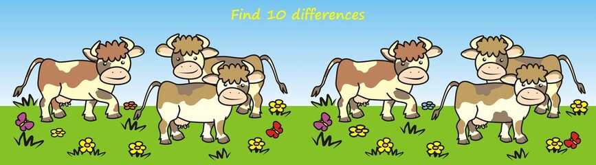 Obraz na płótnie Canvas cows on meadow, find ten differences, vector illustration