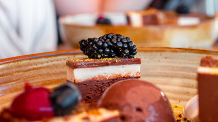 Blackberries on the top of an elegant chocolate and vanilla cream cake with chocolate ice cream.