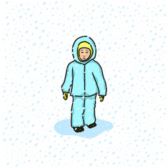 Winter portrait of kid, child in warm clothes, coveralls, jacket and pants, snowsuit, overalls, outdoors during snowfall. Snow, snowflakes