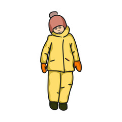 Winter portrait of kid, child in warm clothes, coveralls, jacket and pants, snowsuit, overalls, outdoors.