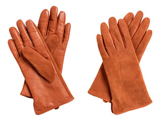 Pair of brown leather gloves isolated on a white background.