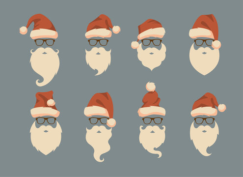 Vector Set Of Faces With Santa Hats, Mustache And Beards. Christmas Santa Design Elements. Holiday Icons