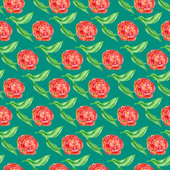 Naklejka premium Watercolor seamless pattern with red peony flowers and leaves. Hand painted repeated florals on green emerald background. Roses for textile, fabrics, wallpaper, wrapping, scrapbooking, cards