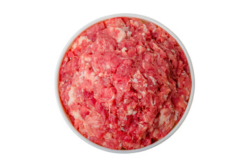 Raw fresh minced pork meat in white bowl isolated on white background.top view with clipping path.