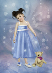 Little girl in a blue beautiful dress with a teddy bear on a winter background with snowflakes