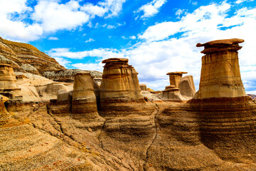 Drumheller badlands at the Dinosaur Provincial Park in Alberta, where rich deposits of fossils and...