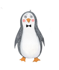 Cute watercolor grey penguin day clip art illustration. Ideal for cards, posters, children books and festivals. Save the planet, earth.