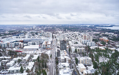 Aerial view of Matinkyla neighborhood of Espoo, Finland. First snow in the city.