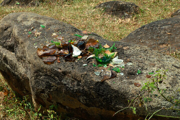 Broken beer bottles on a rock in a picnic spot
