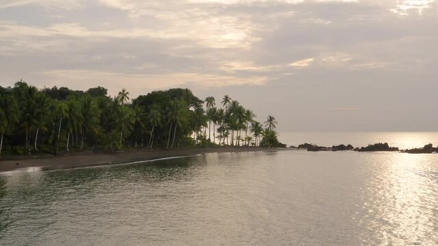 Sandy beach of the Pacific Ocean with palm trees in Choco, Colombia, near Nuqui, drone aerial view, cloudy humid weather