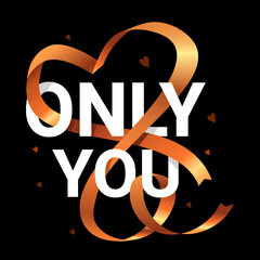 Vector romantic illustration of curly golden realistic heart ribbon with words of love on dark background. Design for holiday Valentine's Day greeting card