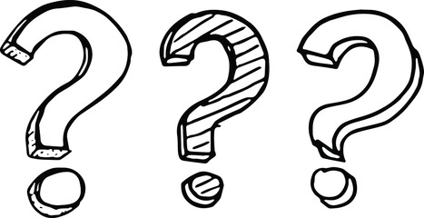 3 Question Marks 3D Handdrawn Doodle Pen Drawing Vector