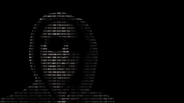 Silhouette of digital man in hood and sunglasses. Man in hoodie made from binary code numbers on black background