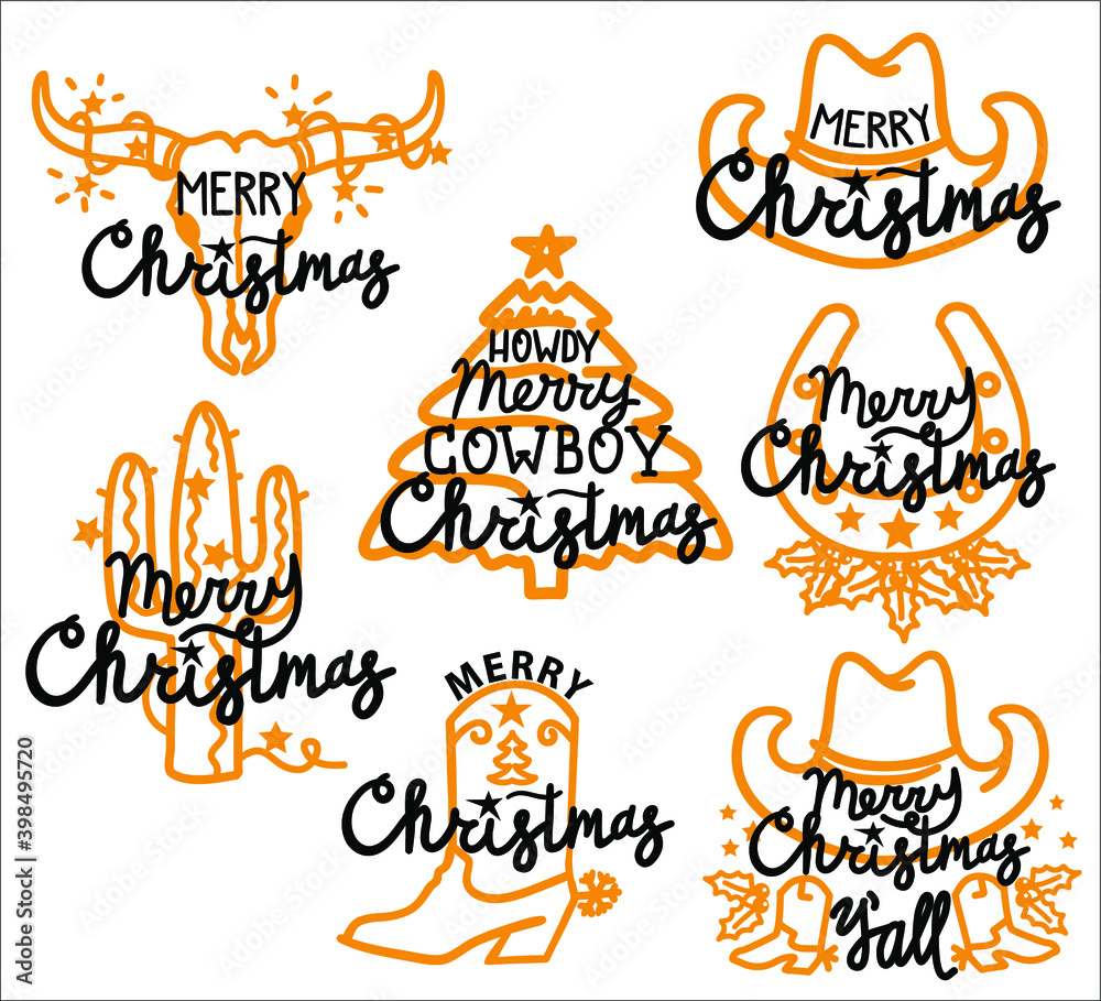 Wall mural Cowboy Merry Christmas set with typography text. Vector cowboy labels for greeting cards or banners isolated 