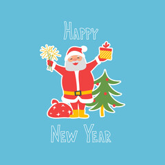 Happy New Year. Santa claus with gifts and christmas tree. For a postcard, banner, poster, website. Freehand drawing. Muted color tones