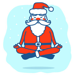 Santa meditation. Vector hand drawn christmas illustration with Santa doing yoga pose in Christmas holiday night.