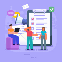 Agenda, to do list, daily planner. Group of people stand near big document, clipboard. Modern vector illustration