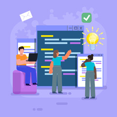 Web, desktop software develop, coding team. Group of people stand near screens with code. Modern vector illustration