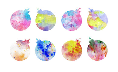 Christmas decorations painted in watercolor. Christmas toys isolated on a white background. Set of New Year templates for creating greeting cards. Christmas balls.