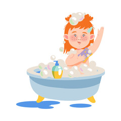 Red Haired Girl Character Sitting in Bathtub and Bathing with Soap Vector Illustration
