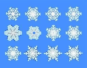 Volumetric double snowflakes in origami style from paper with shadow. Vector set, illustration, realistic colored minimal design, isolated on white background, eps 10.