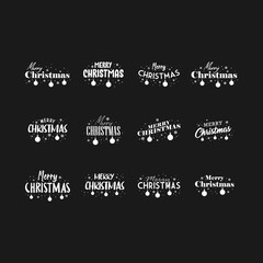 Merry Christmas typography set. Xmas holiday related lettering templates for greeting cards and decoration. Vector vintage illustration.