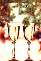 two glasses of champagne and branches of a Christmas tree. vintage rustic photo.