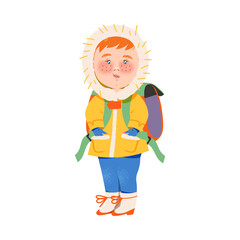 Red Haired Girl Character in Warm Winter Clothing and Backpack Going to School Vector Illustration