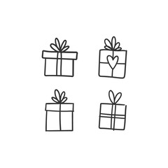 Hand drawn gifts collection. Present box with ribbons. Doodle illustrations. Christmas gift symbols.