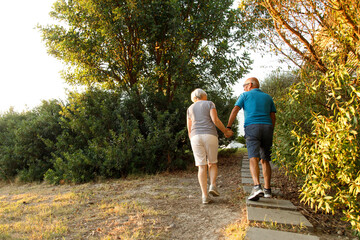 coppia di anziani cammina di spalle presa per mano nelle ore del tramonto