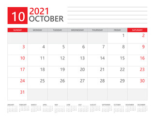 October 2021 calendar planner set for template corporate design week start on Sunday. desk calendar 2021 design, simple and clean design, 12 months yearly calendar set vector layout
