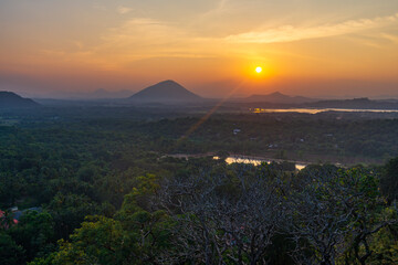 A view from Dambulla Cave Temple at the top of the rock at sunset time, Sri Lanka