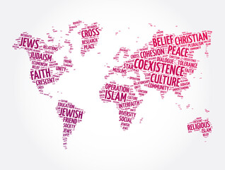 Fototapeta na wymiar Coexistence word cloud in shape of world map, concept background