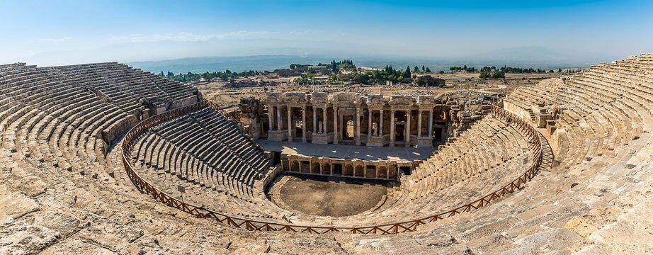 The magnificent reconstructed amphitheatre at Hierapolis above Pamukkale, Turkey